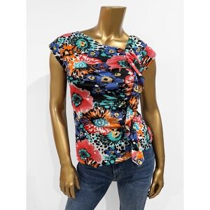 Relativity Women's Floral Multicolor Ruched Ruffled Front Cap Sleeve Top Size PS